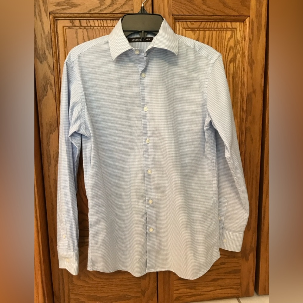 Michael Kors Boys White/Lt Blue Checkered Dress Shirt